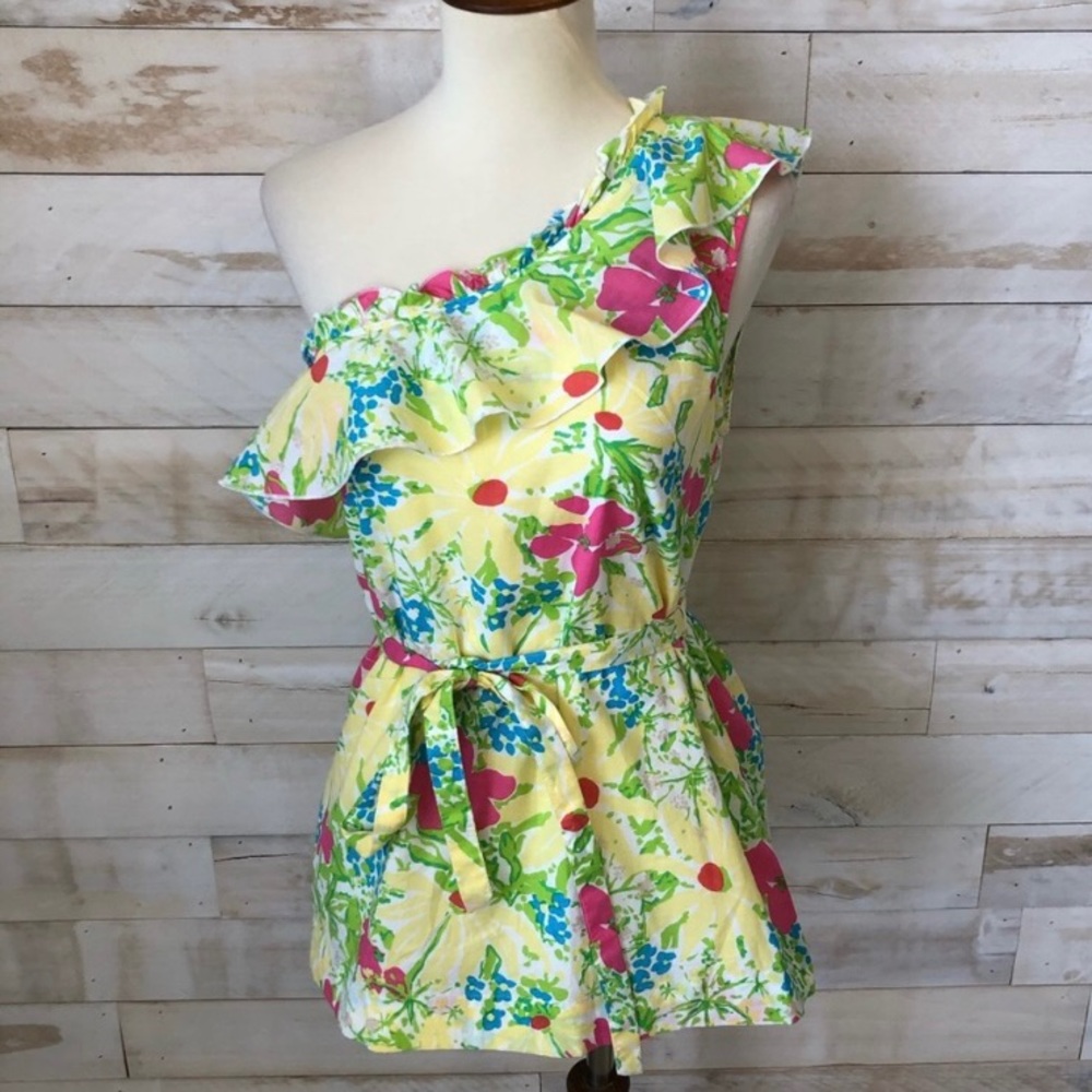 Lilly Pulitzer Yellow Floral One-shoulder Ruffled Top Size Small